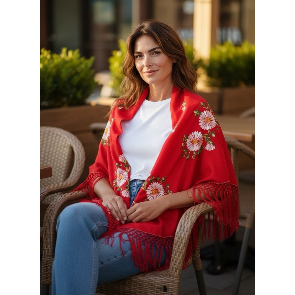 Vintage Style Embroidered Shawl Spanish  Fringed Piano Shawl‎ Red